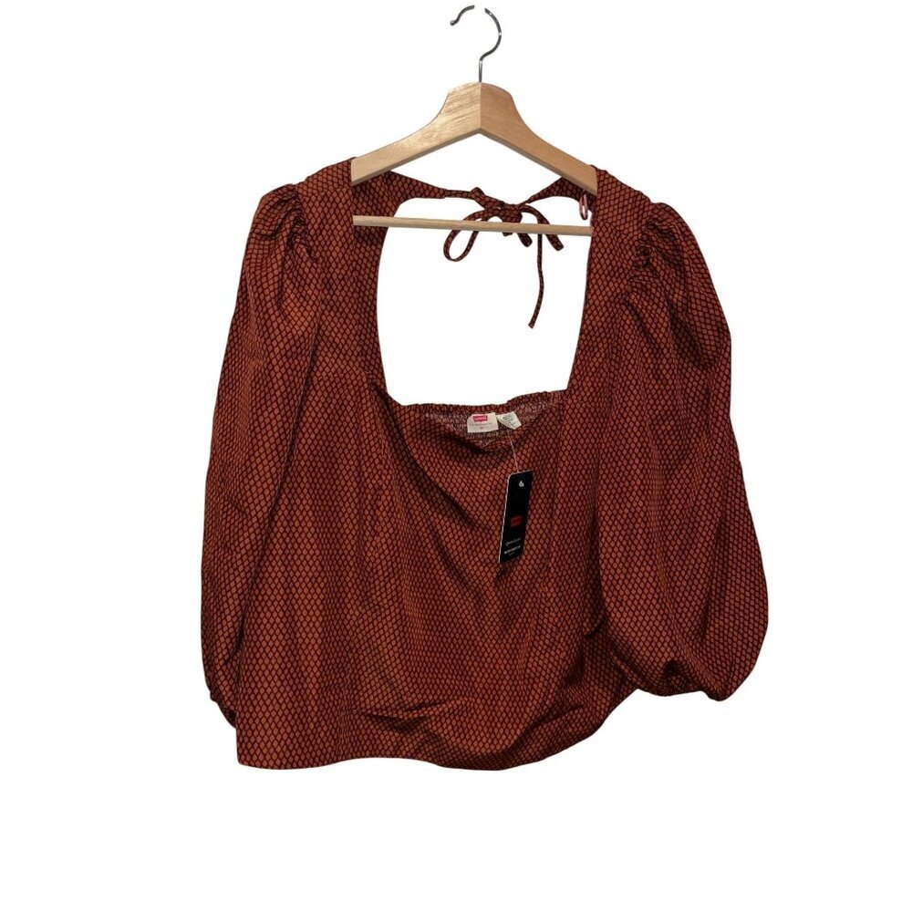 NWT Levis Rust Patterned Puff Sleeve Smocked Open Back Women's Top Size 2X
